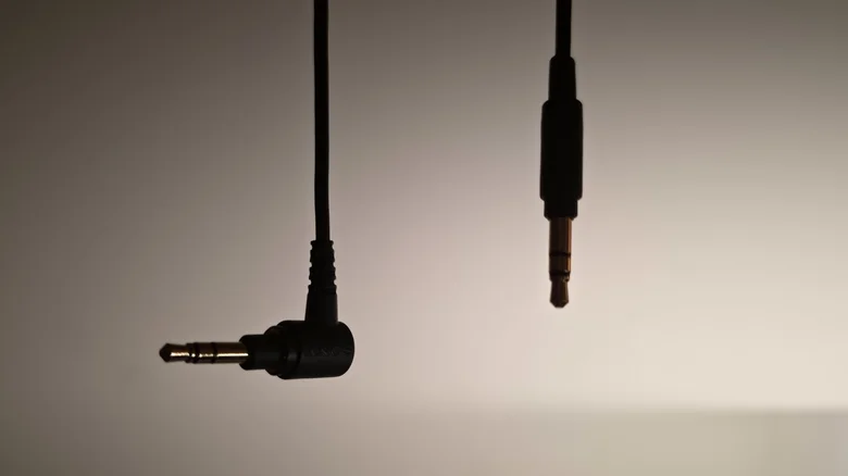 Both ends of a 3.5mm headphone cable.