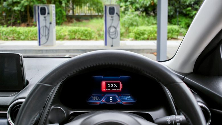 Vista de dentro de um ve&iacute;culo el&eacute;trico mostrando um aviso de bateria fraca em 12% com esta&ccedil;&otilde;es de carregamento vis&iacute;veis &agrave; frente.