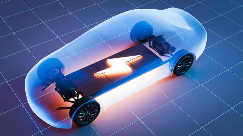 Illustration of an electric vehicle showing the large battery pack mounted beneath the floor between the front and rear wheels.
