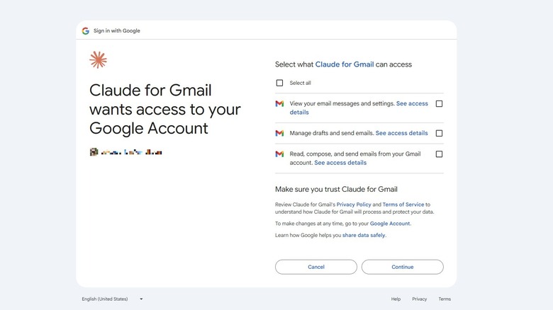 A screenshot of Claude getting access to Gmail on a Google sign-in screen.