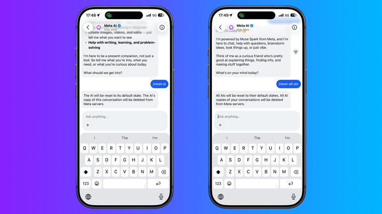 Two Instagram Meta AI chats show the /reset-ai command deleting one AI conversation and /reset-all-ais deleting all saved AI conversations.