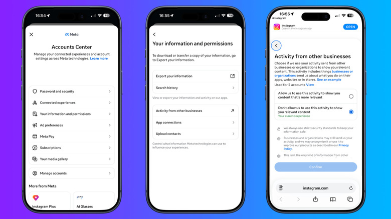 Three iPhone screens show the path from Meta Accounts Center to Your information and permissions, then the Activity from other businesses control with personalization disabled.