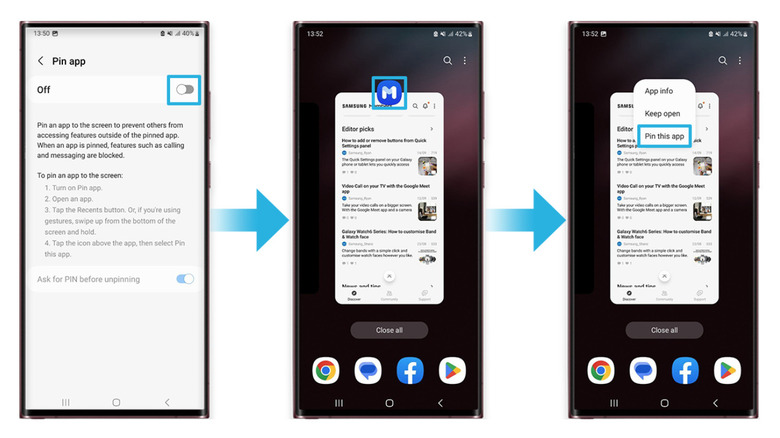 Steps showing how to pin an app.