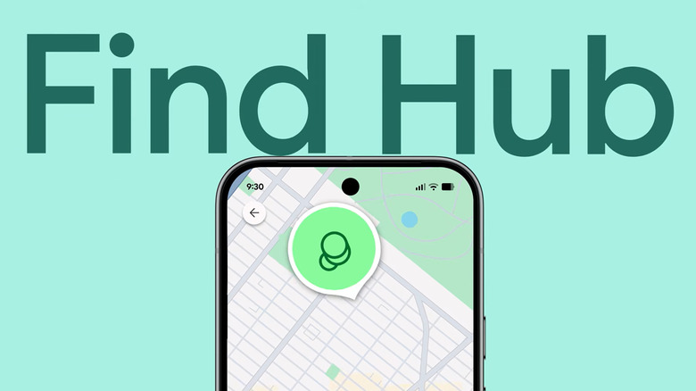 An Android set before a light green background shows a street map with a green dot, indicating the location of the device, with the words Find Hub written above it.