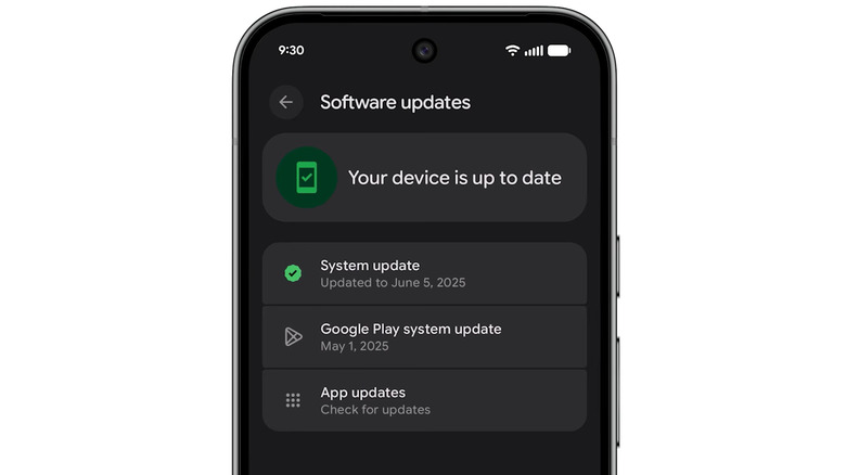 An Android screen shows the phone's Software updates page, where a green checkmark indicates that the Android device is up to date.