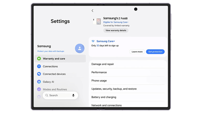 Screenshot of the "Warranty and care" Settings menu on a Samsung foldable.