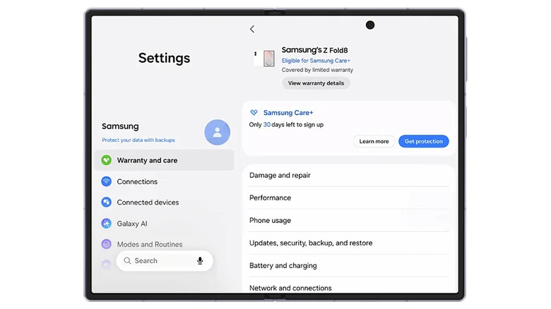 Screenshot of the "Warranty and care" Settings menu on a Samsung foldable.