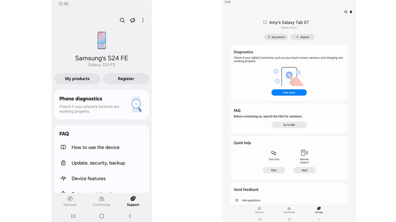 Screenshots of a phone (left) and tablet (right) view of the Samsung Members app.