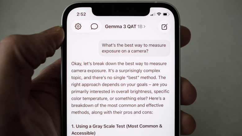 A Gemma 3 chatbot responds to a question about camera exposure.