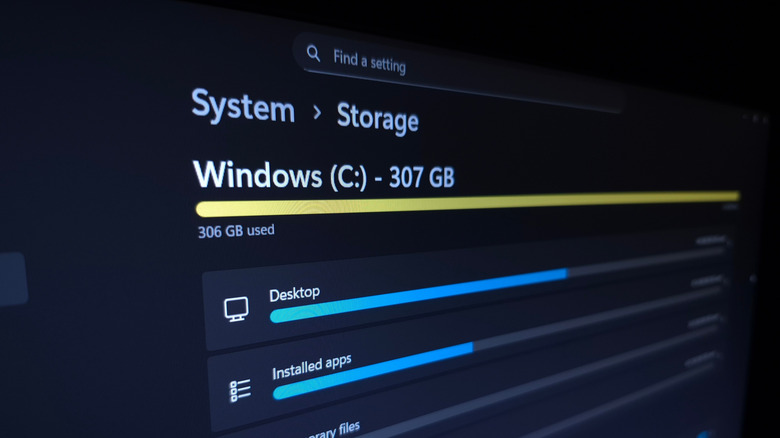 The Windows Storage screen showing space is almost full.
