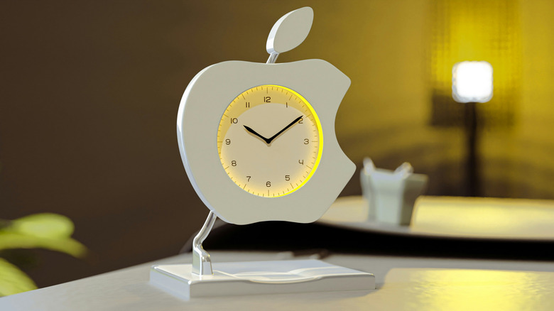 A render of a clock shaped like the Apple logo