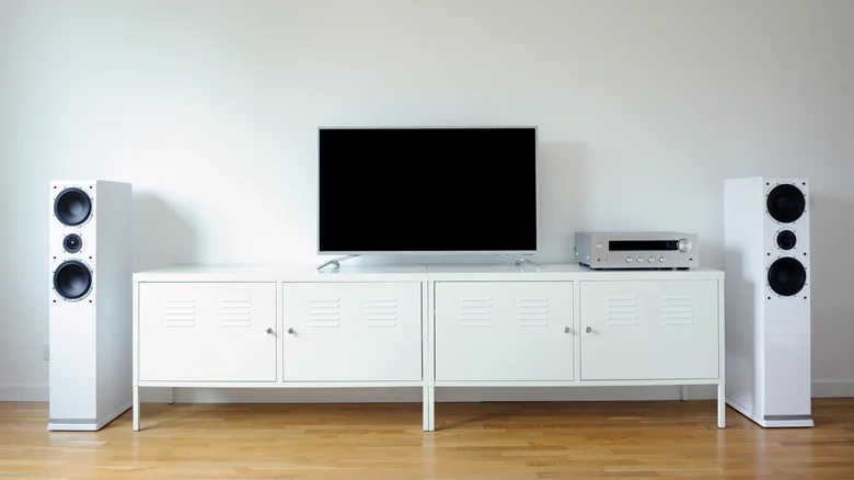 A TV with an AV receiver and left and right speakers.