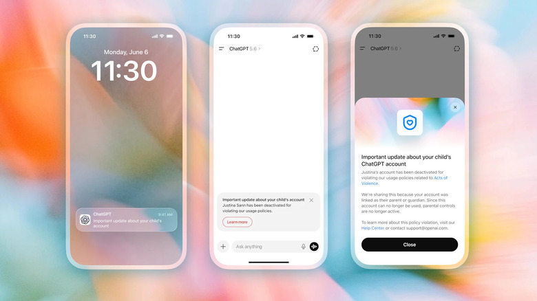 Three screenshots showing how ChatGPT's safety notifications look when sent to a parent.