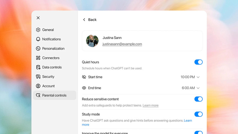 A screenshot showing ChatGPT's parental controls.