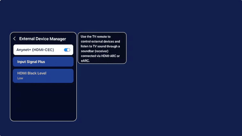 Captura de tela do menu de configura&ccedil;&otilde;es da TV Samsung onde voc&ecirc; ativa o Anynet+.