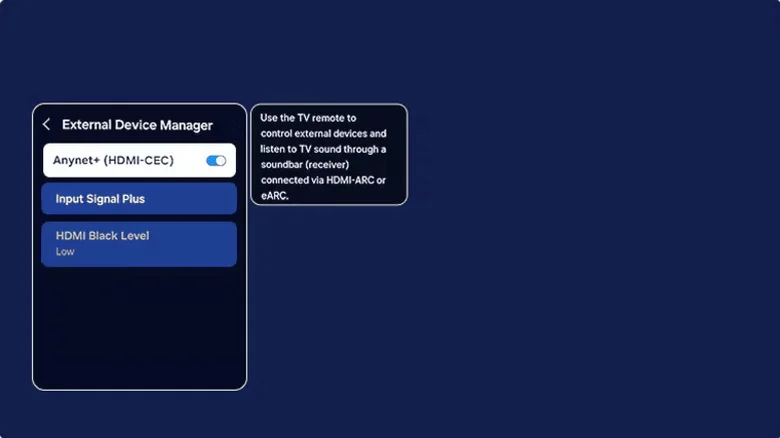 Screenshot of the Samsung TV settings menu where you enable Anynet+.