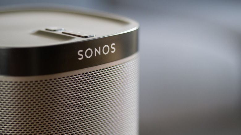 A closeup of a Sonos smart speaker.
