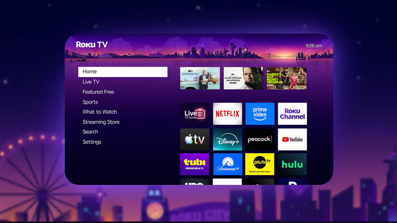 A purple Roku homescreen shows a list of applications, including Netflix, Amazon, Roku Channel, Apple, Disney+, Peacock, and YouTube.