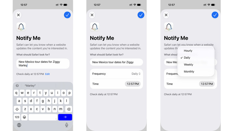 Three iPhone screenshots, showing the setup process for Apple's Notify Me feature with Ziggy Marley tour dates