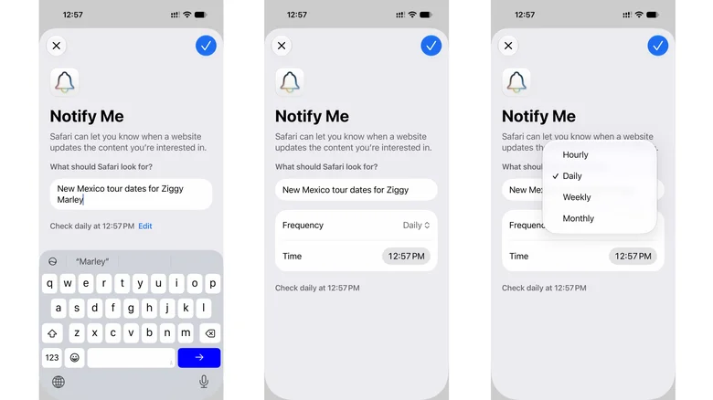 Three iPhone screenshots, showing the setup process for Apple's Notify Me feature with Ziggy Marley tour dates