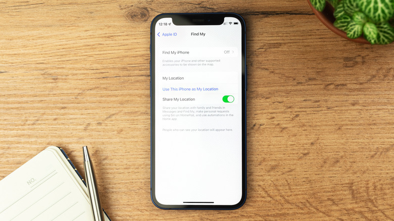 An iPhone on a table showing the Find My screen.