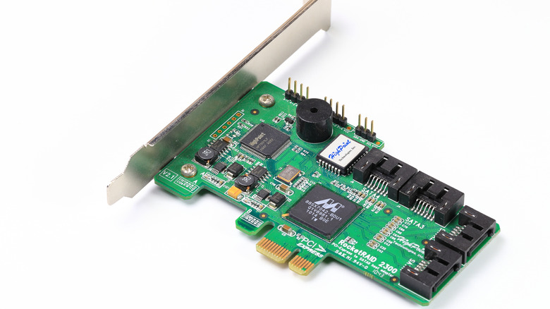 A typical RAID controller card with multiple connectors.