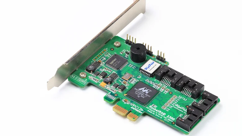 A typical RAID controller card with multiple connectors.