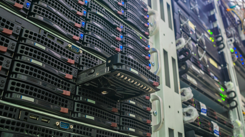 A rack with multiple RAID arrays installed.