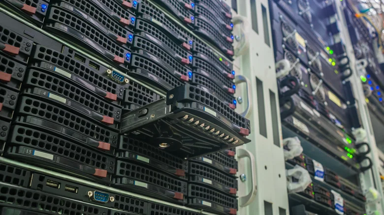 A rack with multiple RAID arrays installed.