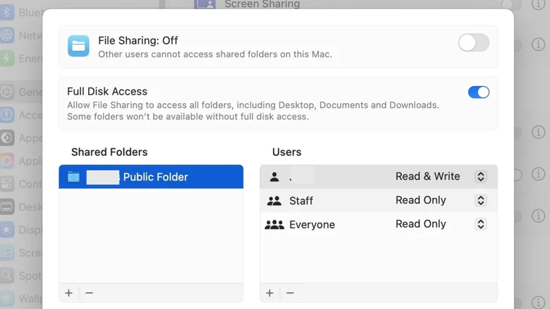 The File Sharing dialog within System Settings on macOS.