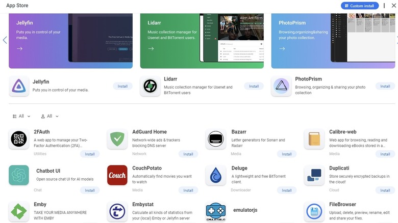CasaOS App Store screen shows dozens of easy install apps