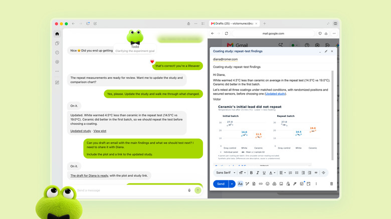 A screenshot showing a Dot named Todd helping the user draft an email.