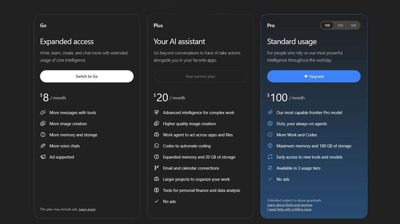 A chart showing OpenAI's consumer plans.