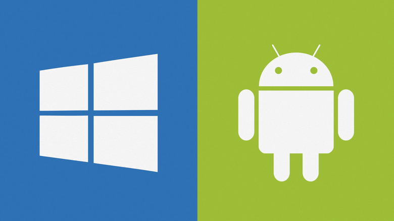 Windows and Android logos on blue and green squares.