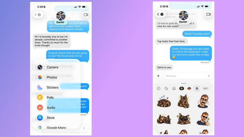 A pair of screenshots showing how to send stickers over iMessage.