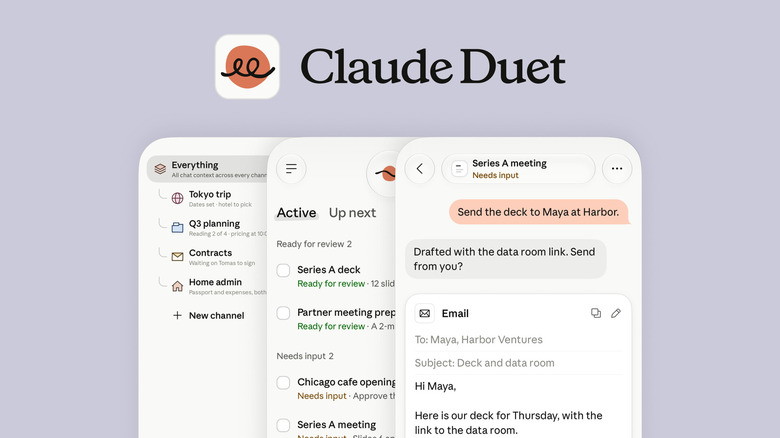 Three screenshots show the interface for Claude Duet on iOS.