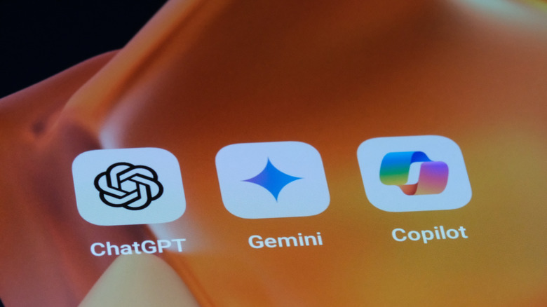 Phone screen showing ChatGPT, Gemini, and Copilot icons.