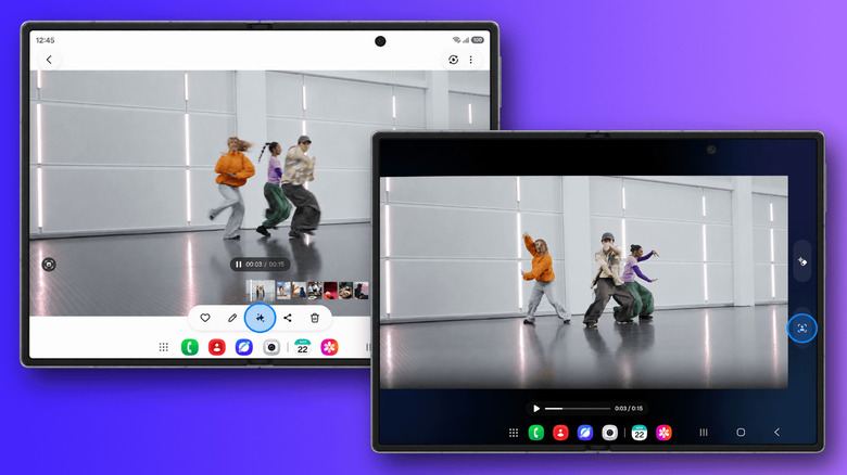 Two Samsung foldables display a dance video in Gallery, showing the My FanCam editing interface before and after reframing the clip around one person.