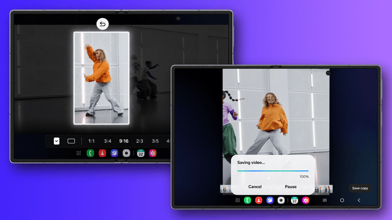 Samsung foldables showing My FanCam creating a vertical tracking clip from a group dance video, including the crop selection screen and the saving process.