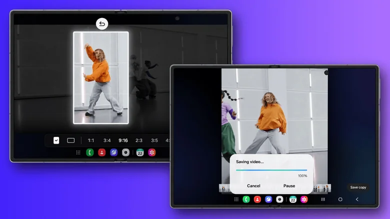 Samsung foldables showing My FanCam creating a vertical tracking clip from a group dance video, including the crop selection screen and the saving process.