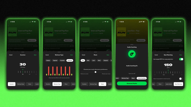 Various screenshots of features within Spotify's Running Mode.