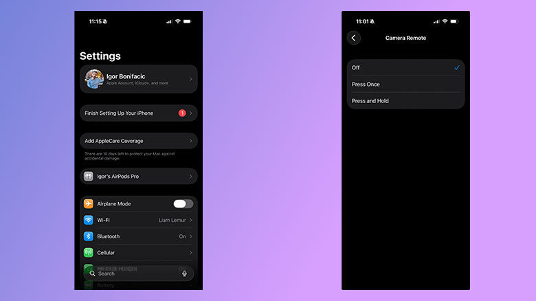 A pair of screenshots showing the Apple settings app for Camera Remote.