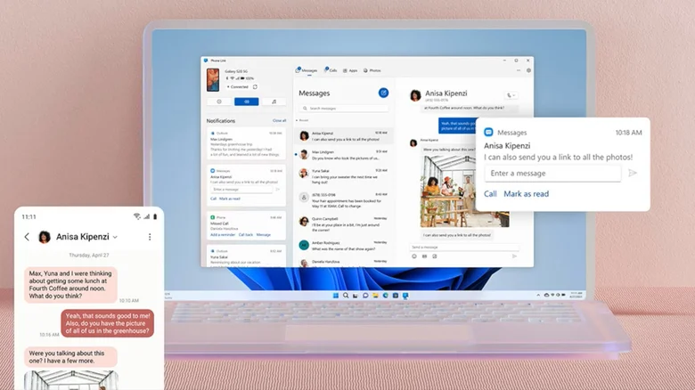 Windows 11 Phone Link concept on a transparent laptop, with app windows appearing around it.