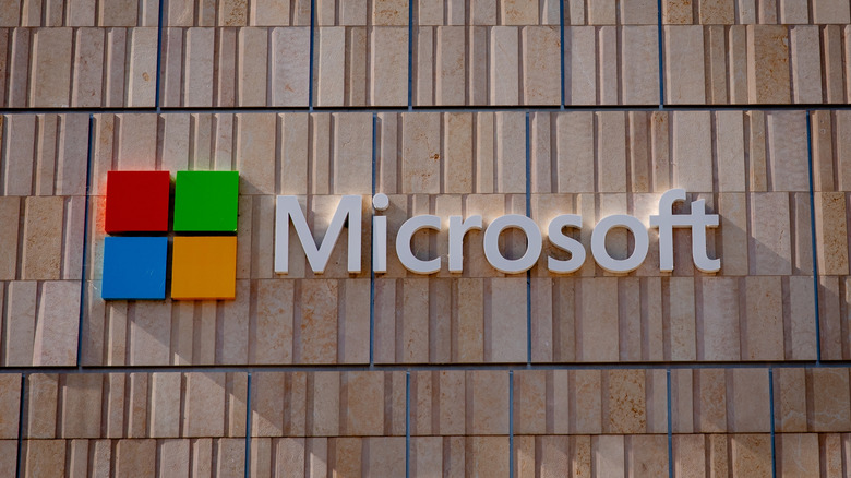 The outside of the Microsoft offices, showing the company name and logo.