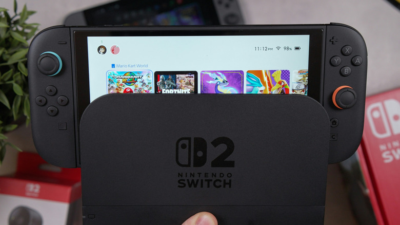 A Nintendo Switch 2 game console in its dock.