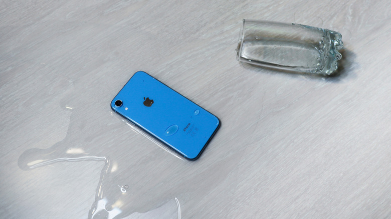 A glass of water spilled onto an iPhone.