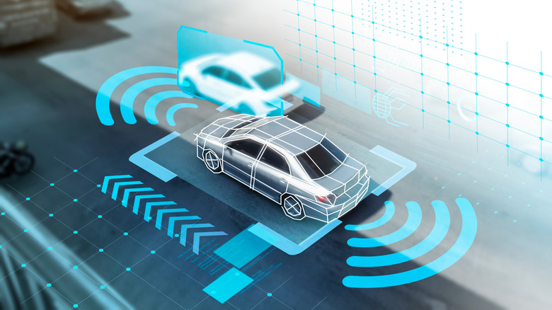 Digital illustration of an autonomous car surrounded by sensor waves, mapping graphics and vehicle-detection overlays.