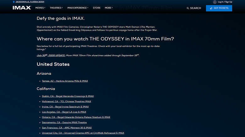 List of theaters that support "The Odessey" in IMAX 70mm Film.