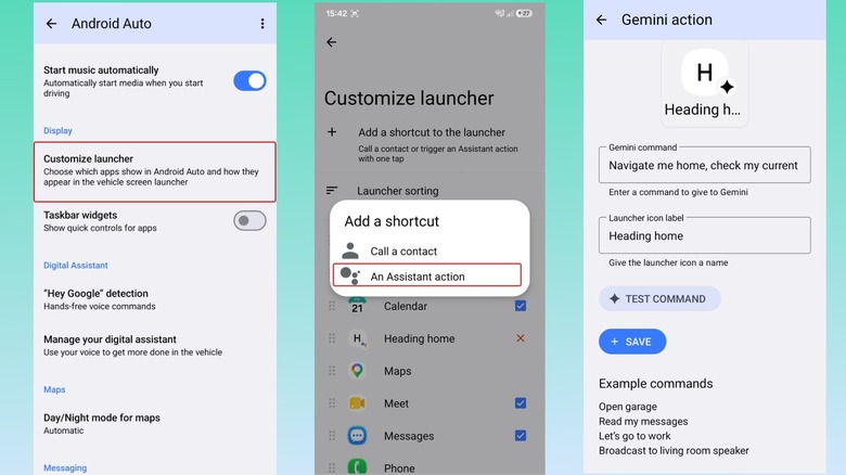 Screenshots of Android Auto app setting up an automation with Google Gemini.