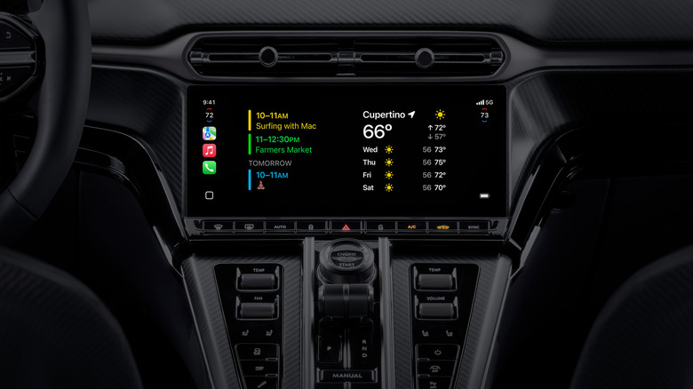 A CarPlay dashboard shows calendar alerts and weather widgets beside other app icons on the left.